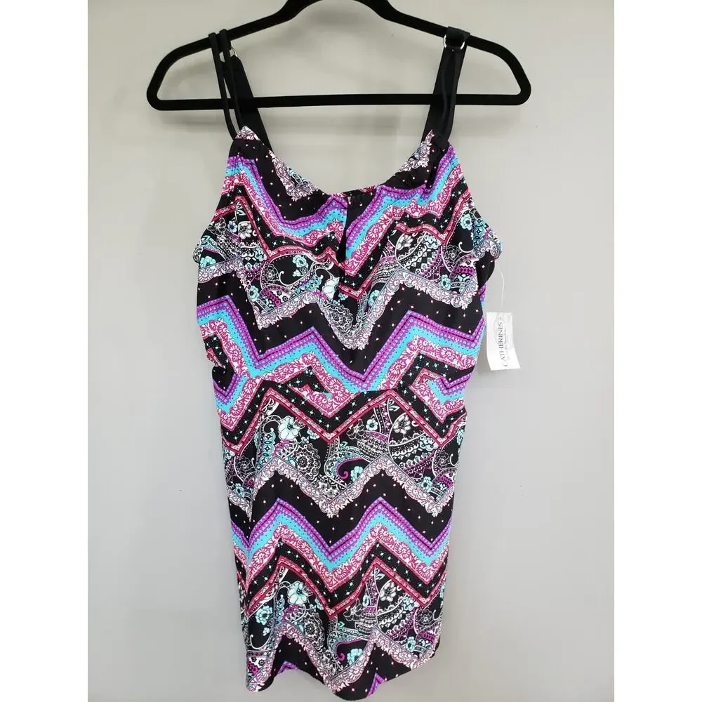 NEW Catherine's 16W Tankini Swim Top Shirt Tropical Plus Size Black‎ Vacation